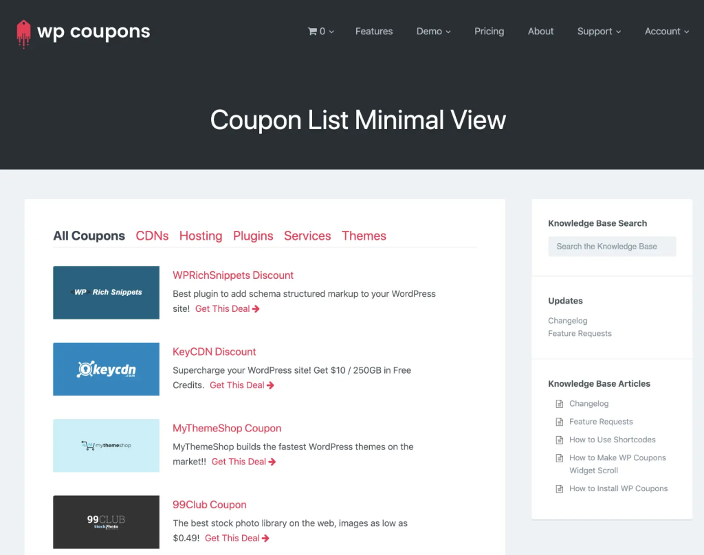 WP Coupons list minimal view