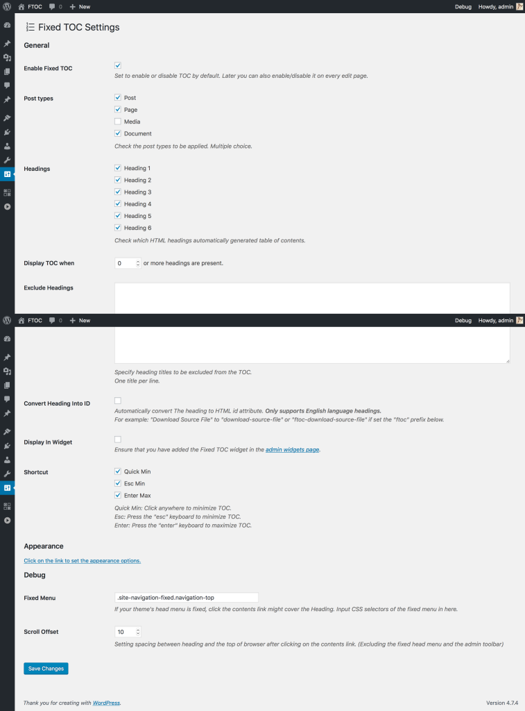 FixedTOC admin